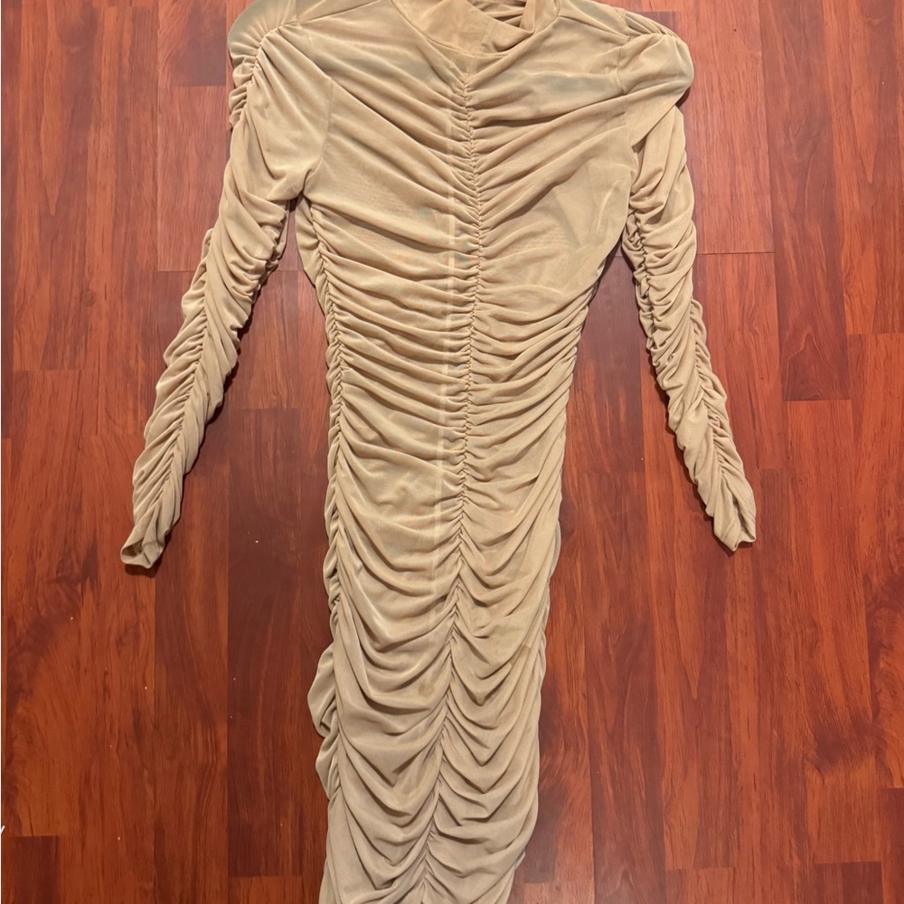 Elegant Ruched Tan Mesh Dress